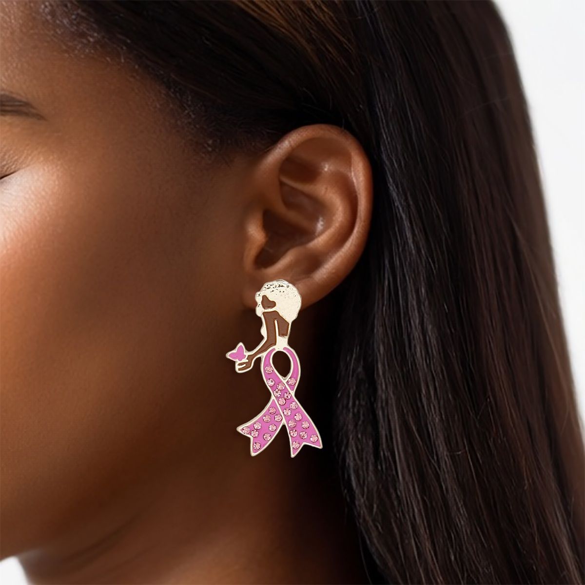 Breast cancer gold pink ribbon legs stud earrings awareness enamel jewelry