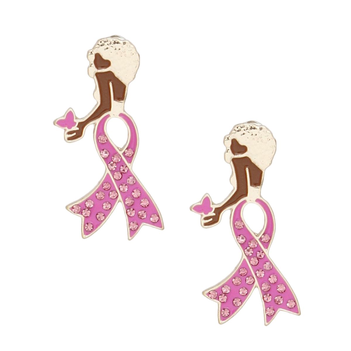 Gold fuchsia pink breast cancer ribbon leg stud earrings close up