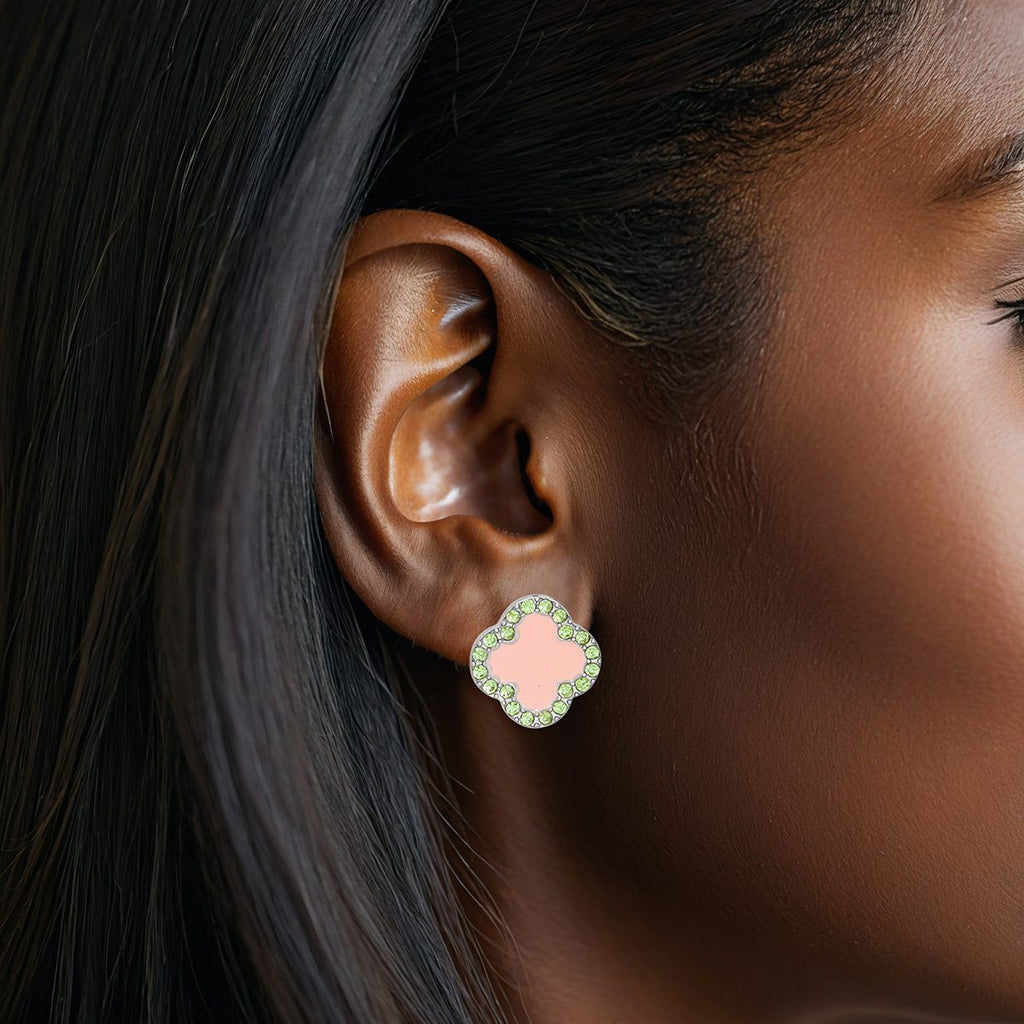 Pink green silver rhinestone clover stud earrings statement jewelry women