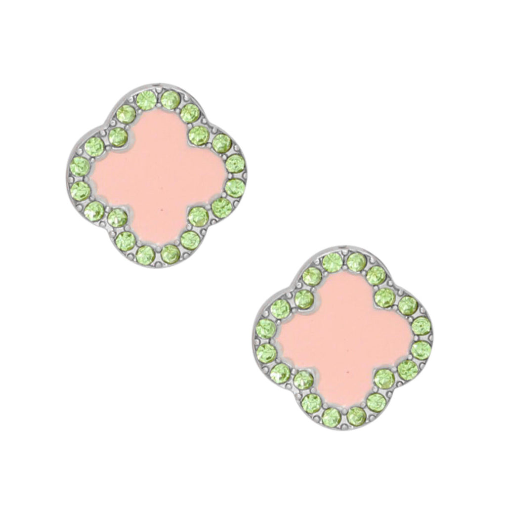Pink green rhinestone clover stud earrings detail close up clover shape