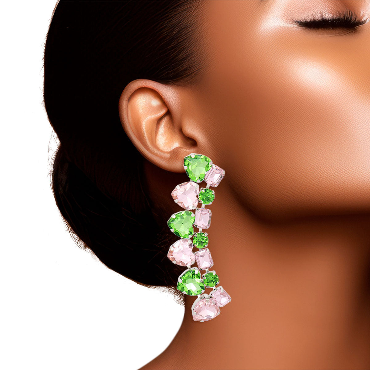 Pink green dangle heart crystal earrings statement jewelry women