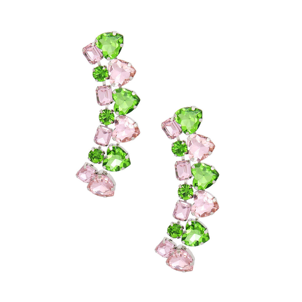 Pink green dangle heart crystal earrings crystal heart detail close up