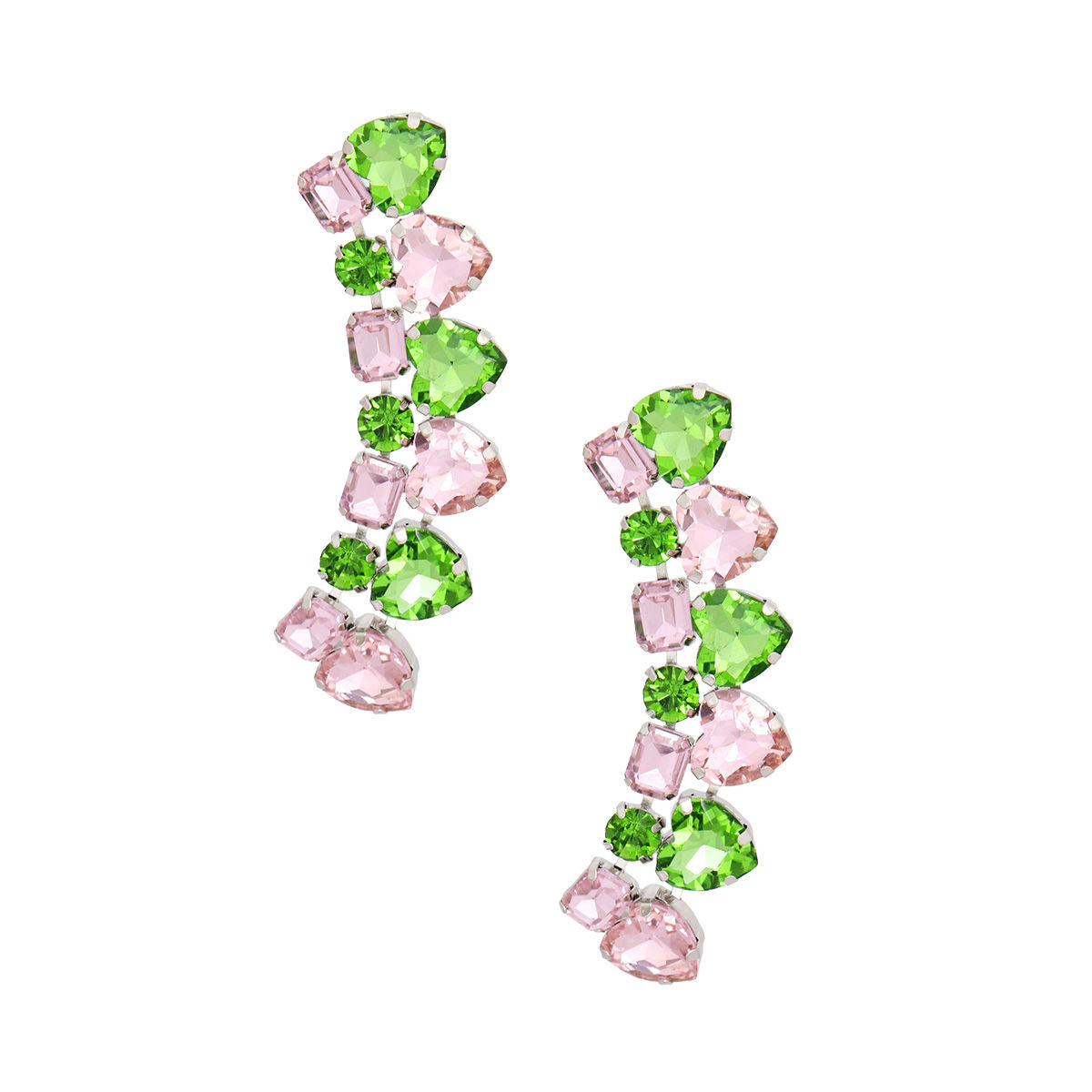 Pink green dangle heart crystal earrings crystal heart detail close up