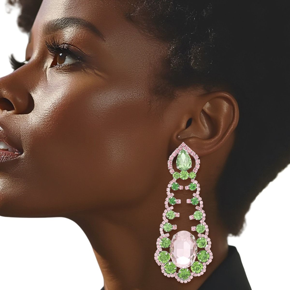 Pink green ruffled crystal earrings delicate dangle statement jewelry women