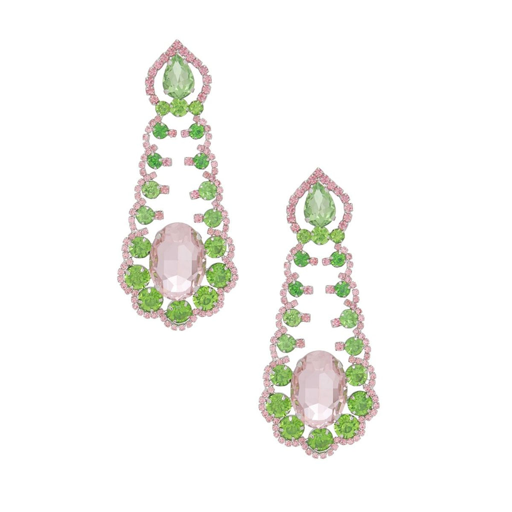 Pink green ruffled crystal earrings detail close up ruffled crystal drop