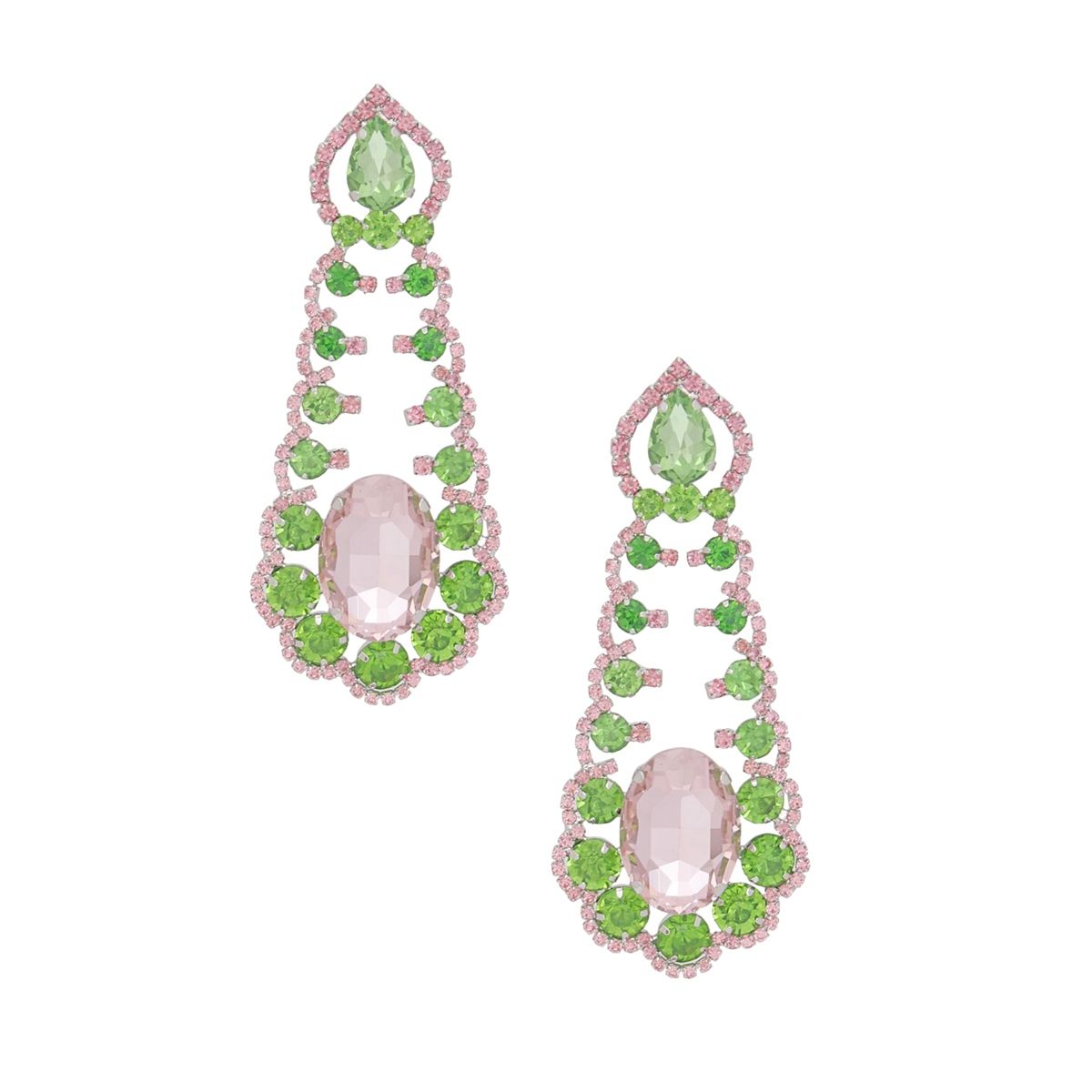 Pink green ruffled crystal earrings detail close up ruffled crystal drop