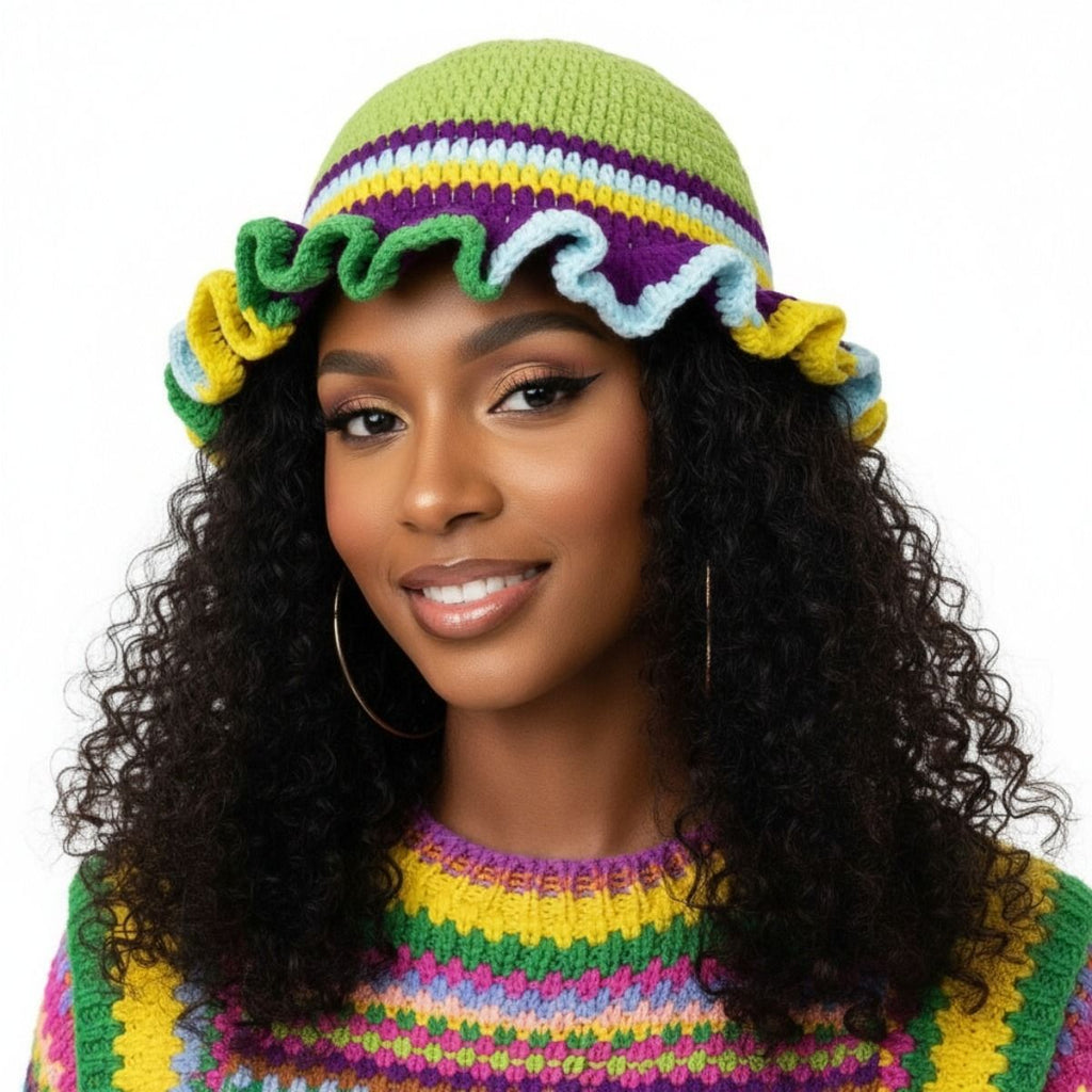 Mardi Gras Crochet Multicolor Ruffle Bucket Hat Women