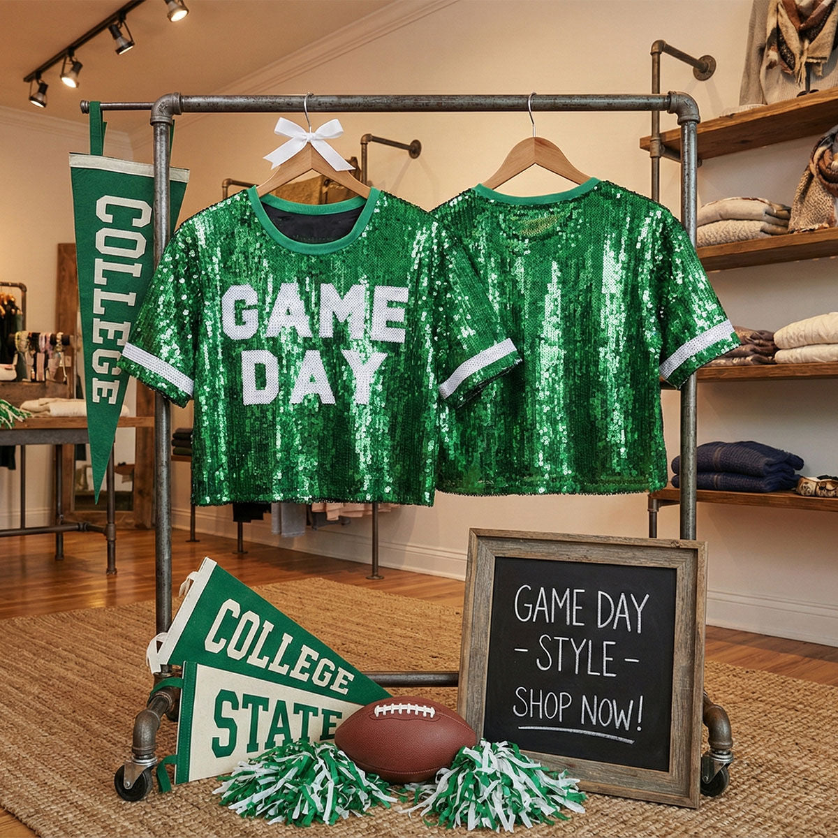 Green white sequin game day jersey crop top shimmering party fashion women bold