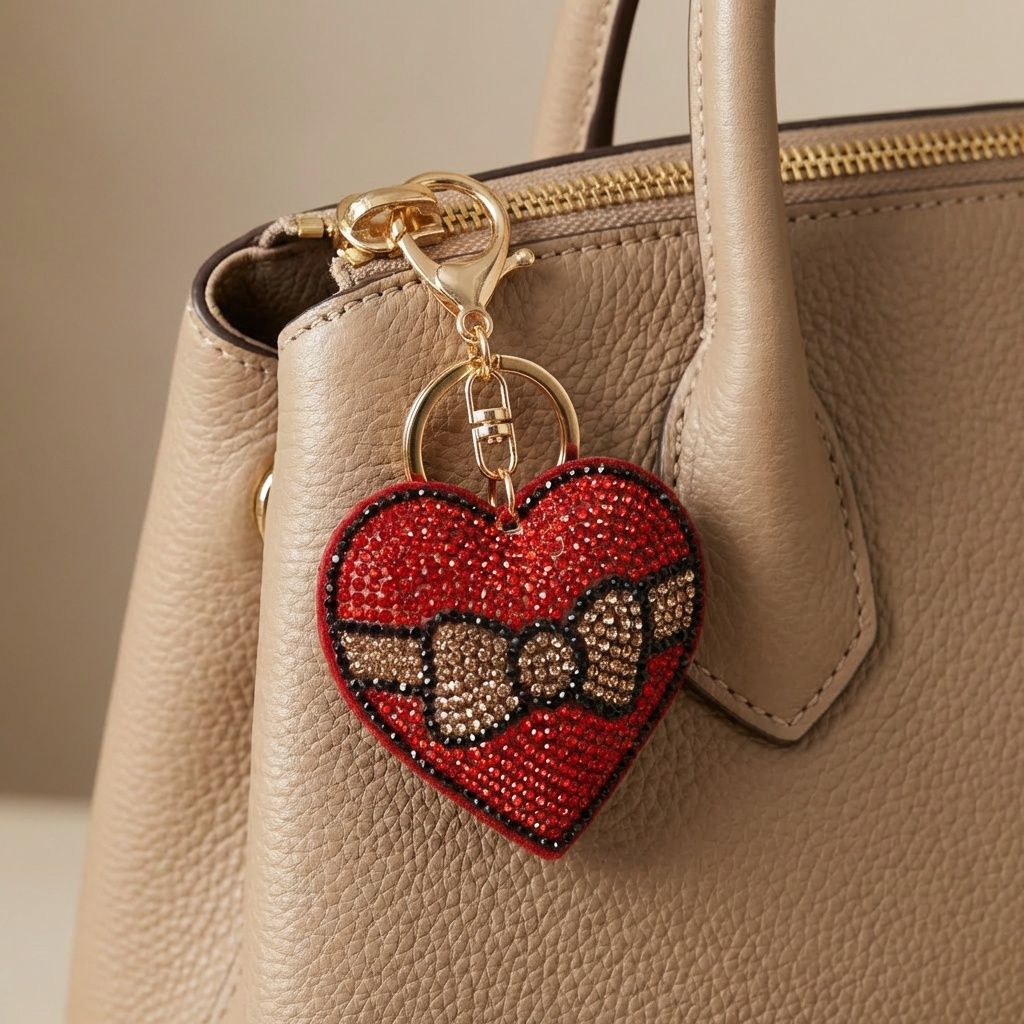 Keychain Red Puffy Bow Heart Sparkle Purse Charm