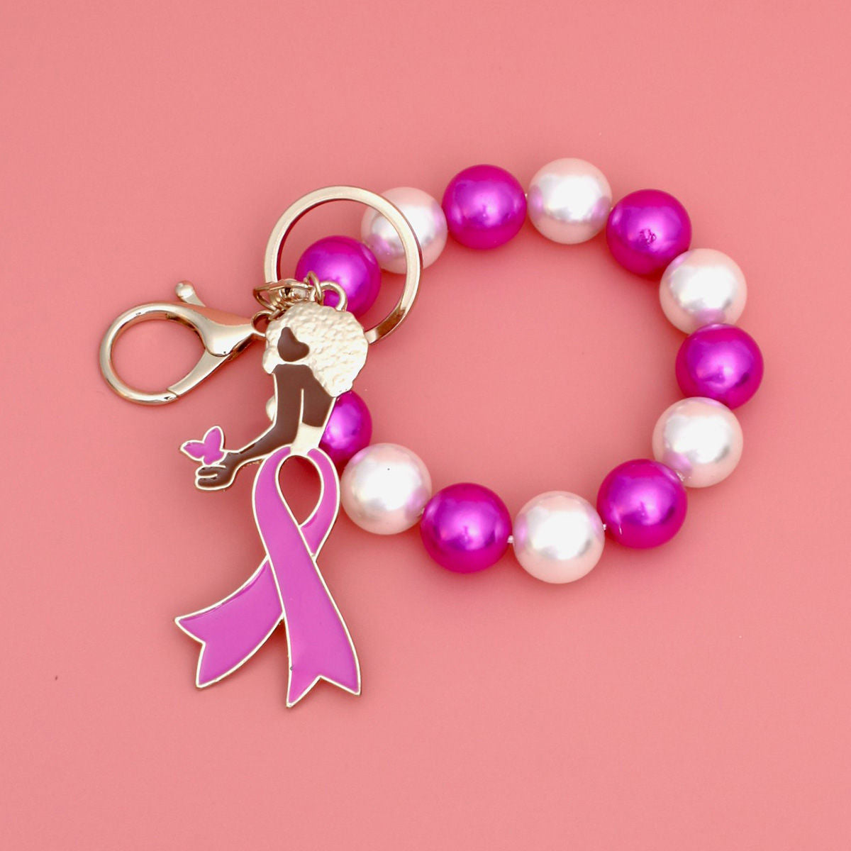 Gold breast cancer pink ribbon mixed pearl wristlet keychain awareness handbag clip women