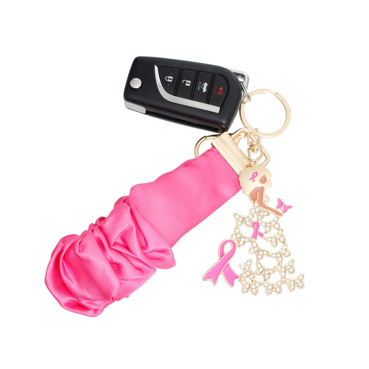 Gold pink butterfly breast cancer awareness wristlet keychain detail