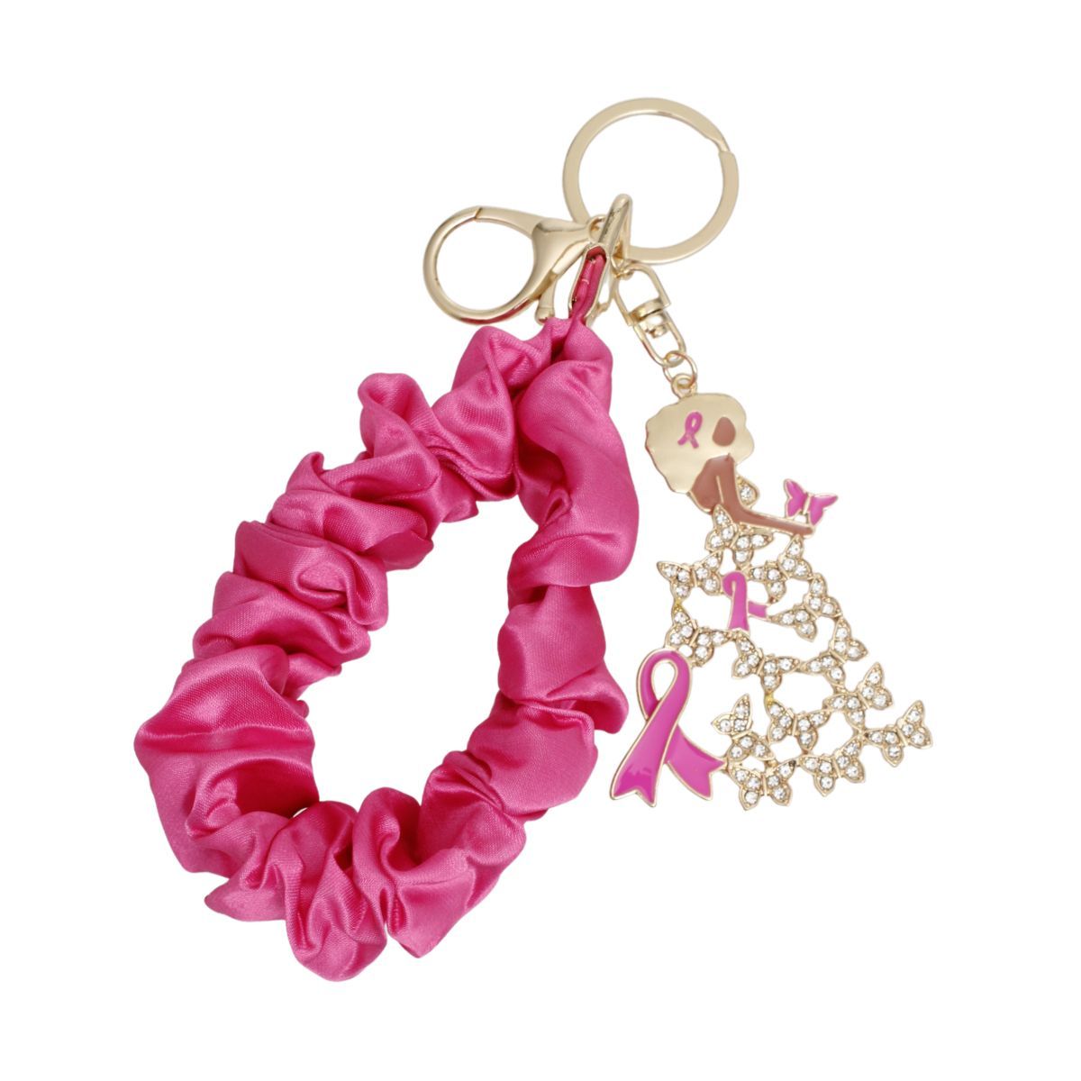 Gold pink butterfly breast cancer keychain worn on wrist