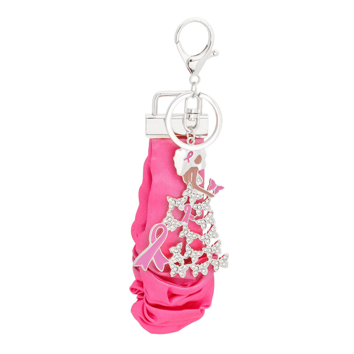 Breast cancer silver pink butterfly wristlet keychain awareness purse clip
