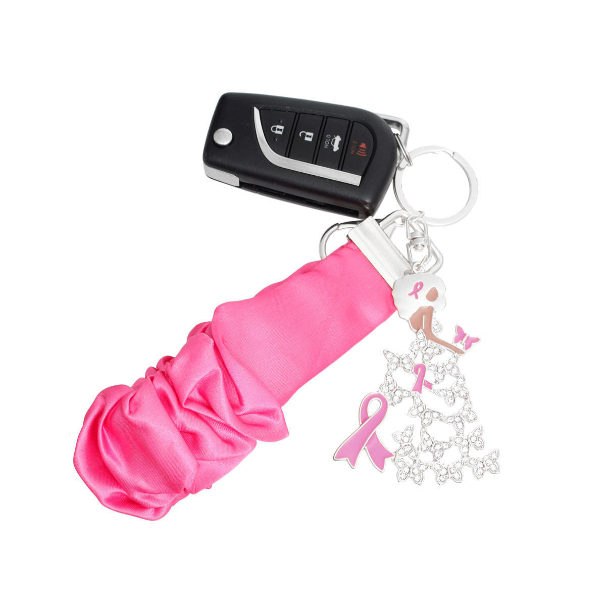 Silver pink butterfly breast cancer awareness wristlet keychain detail