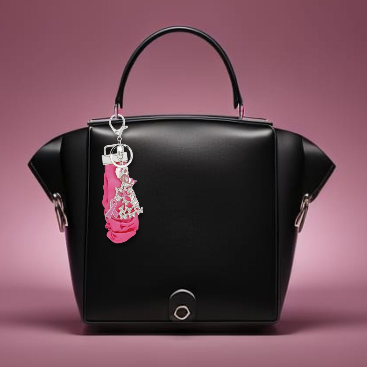 Silver pink breast cancer butterfly keychain clipped to bag