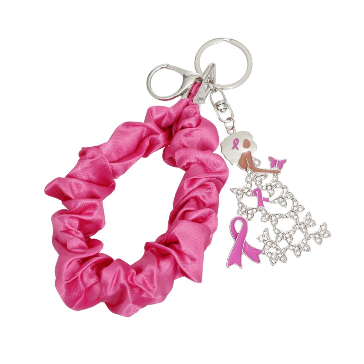 Silver butterfly breast cancer wristlet keychain on wrist