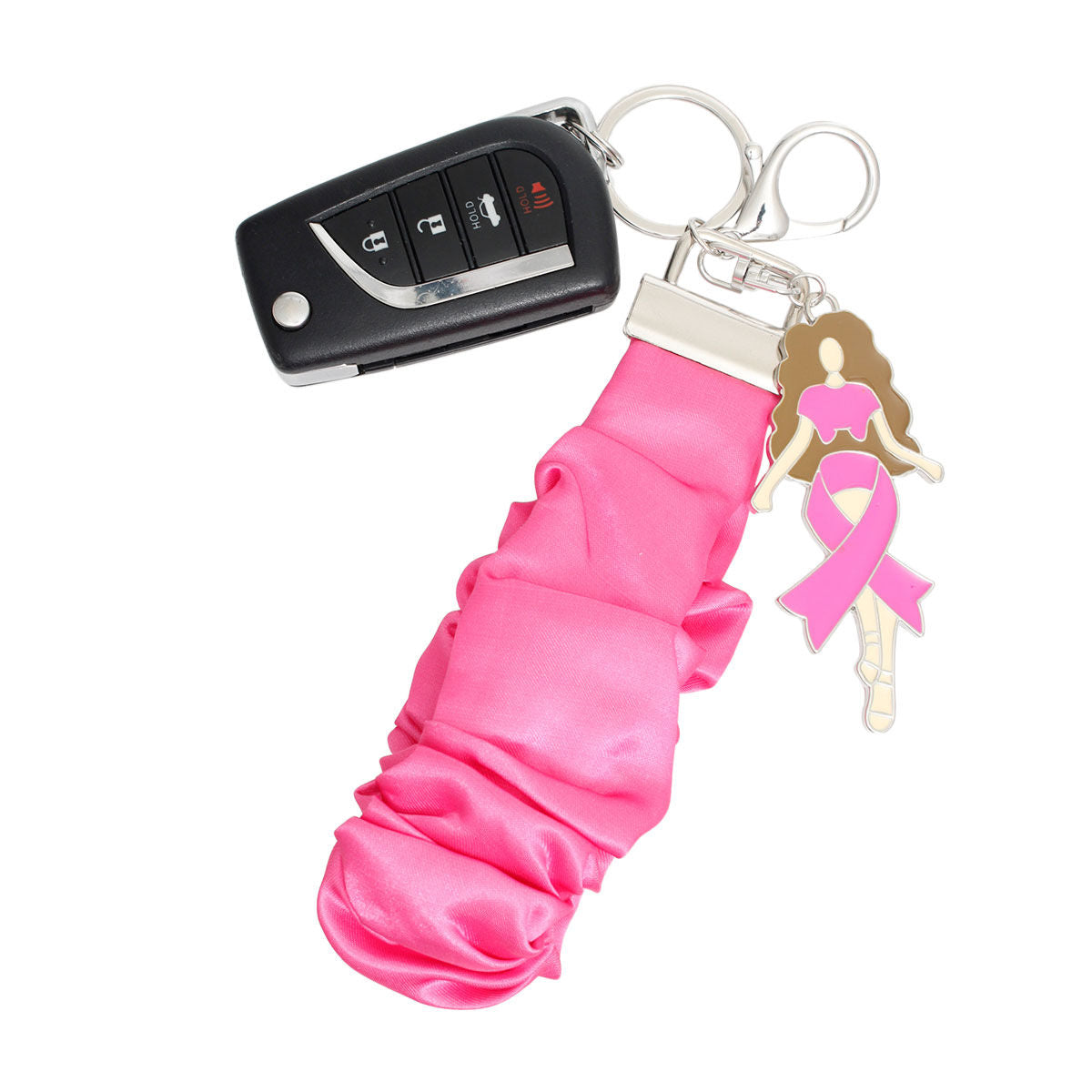 Silver pink breast cancer awareness wristlet keychain detail