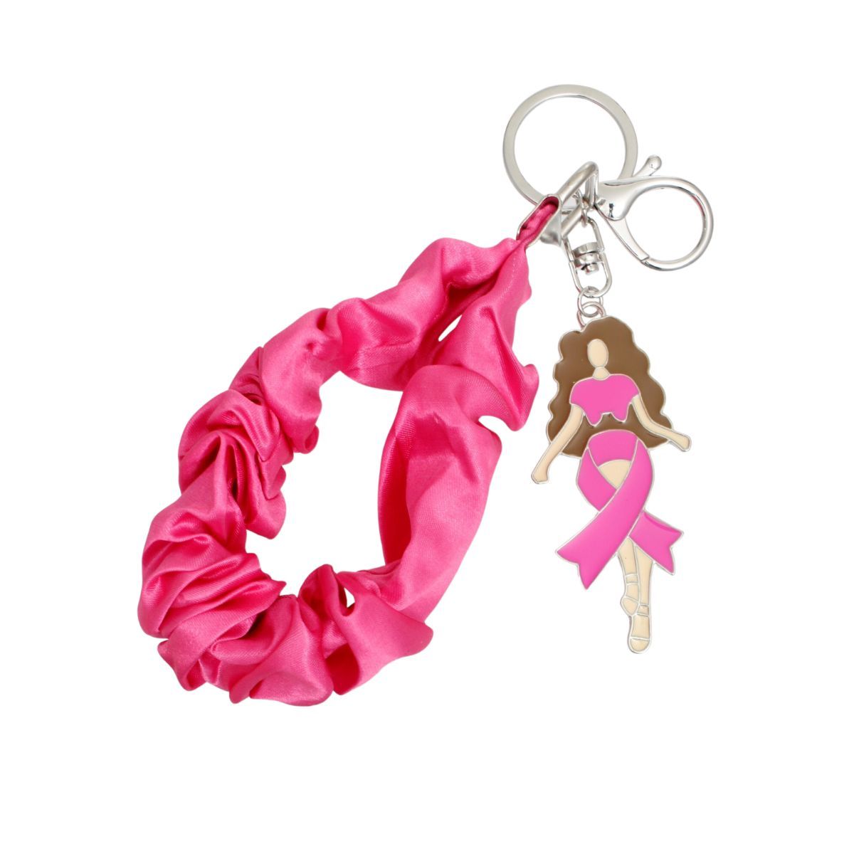 Breast cancer silver pink wristlet keychain worn on wrist