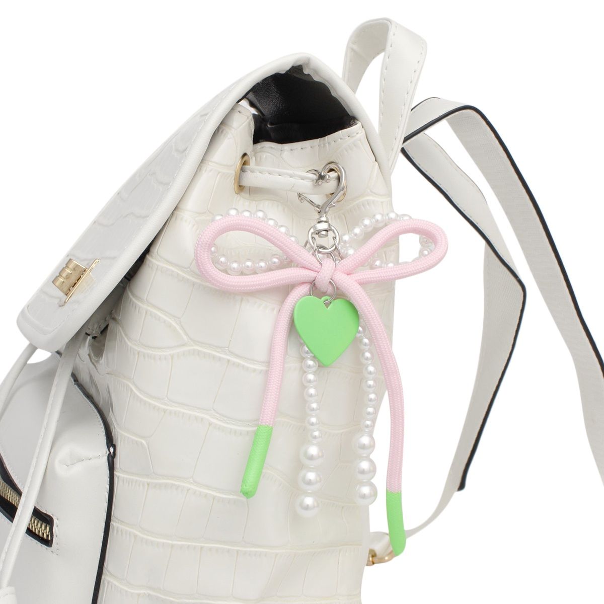 Pink green bag charm white pearl pink cord bow heart purse clip women