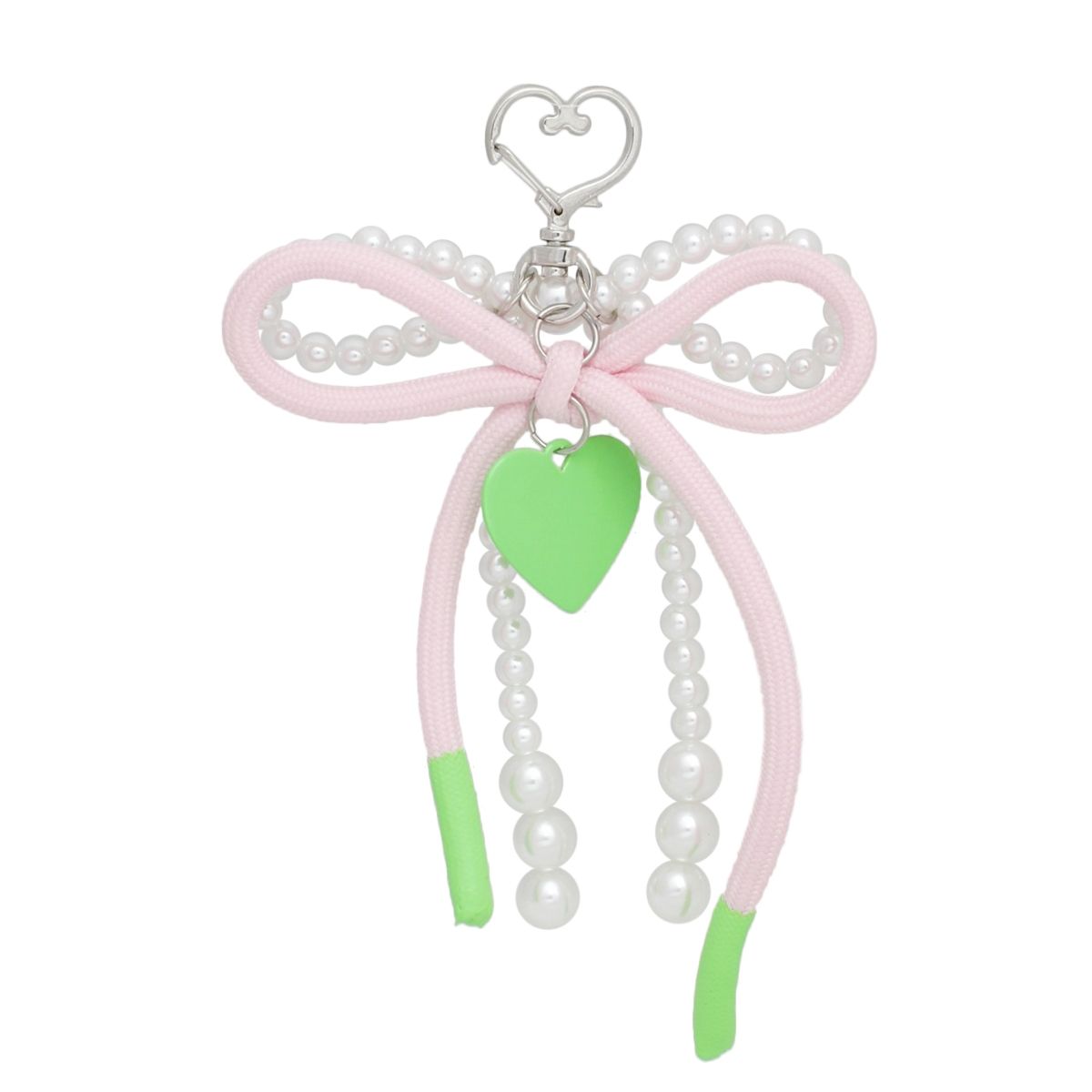 Pink green pearl cord bow heart bag charm purse clip detail close up