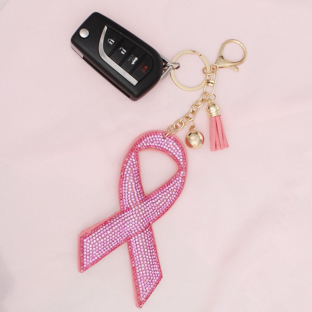 Pink rhinestone breast cancer awareness ribbon bag clip keychain charm