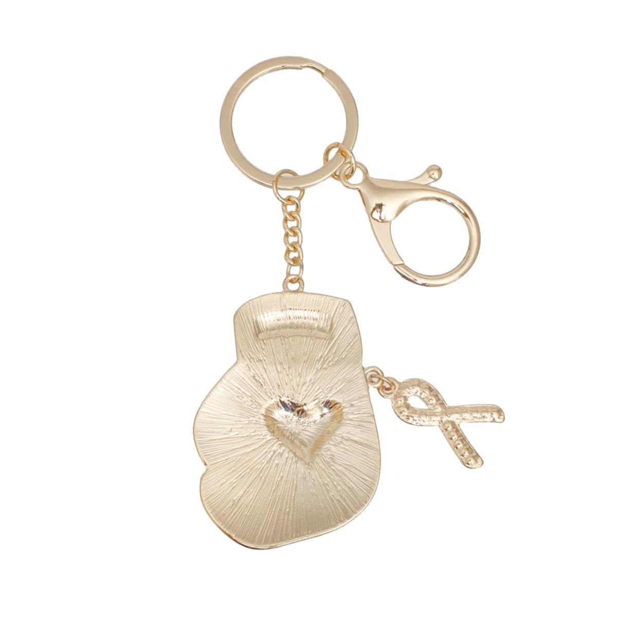 Gold fuchsia pink breast cancer boxing glove keychain close up detail