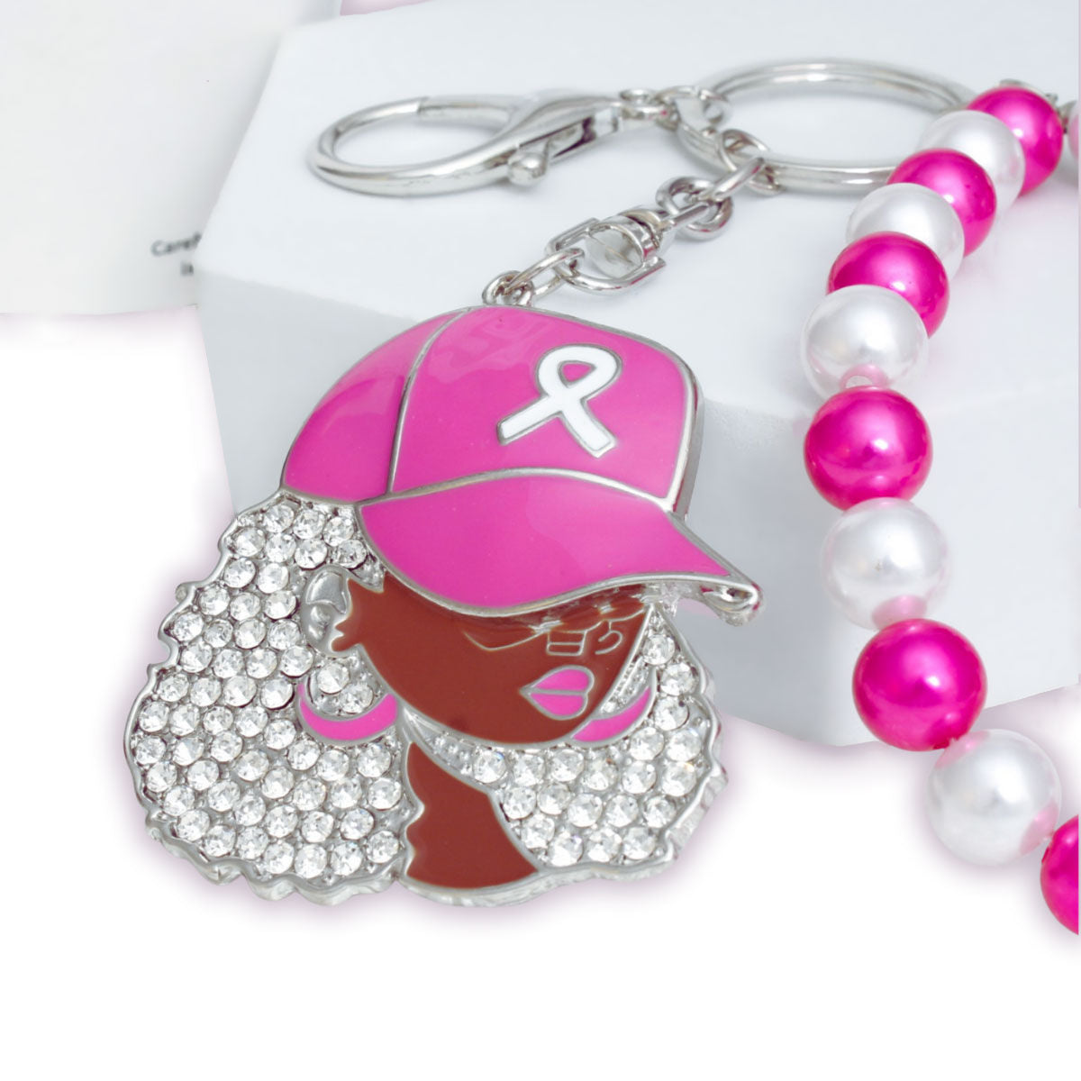 Silver supportive sister breast cancer awareness keychain purse clip detail