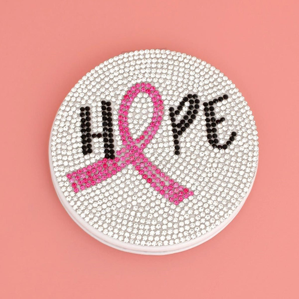 Breast cancer HOPE ribbon rhinestone bling compact mirror close up detail