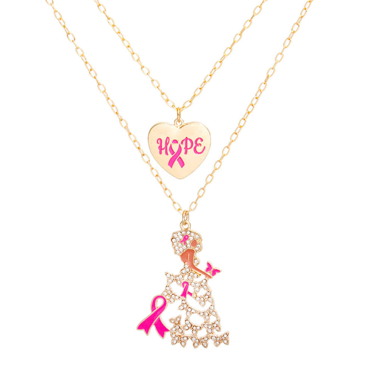 Gold 2pc pink ribbon breast cancer awareness pendant necklace layered