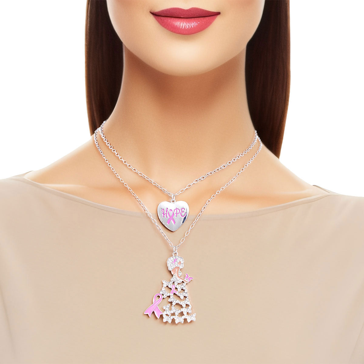 Breast cancer silver chain 2-piece pink ribbon pendant necklace set awareness