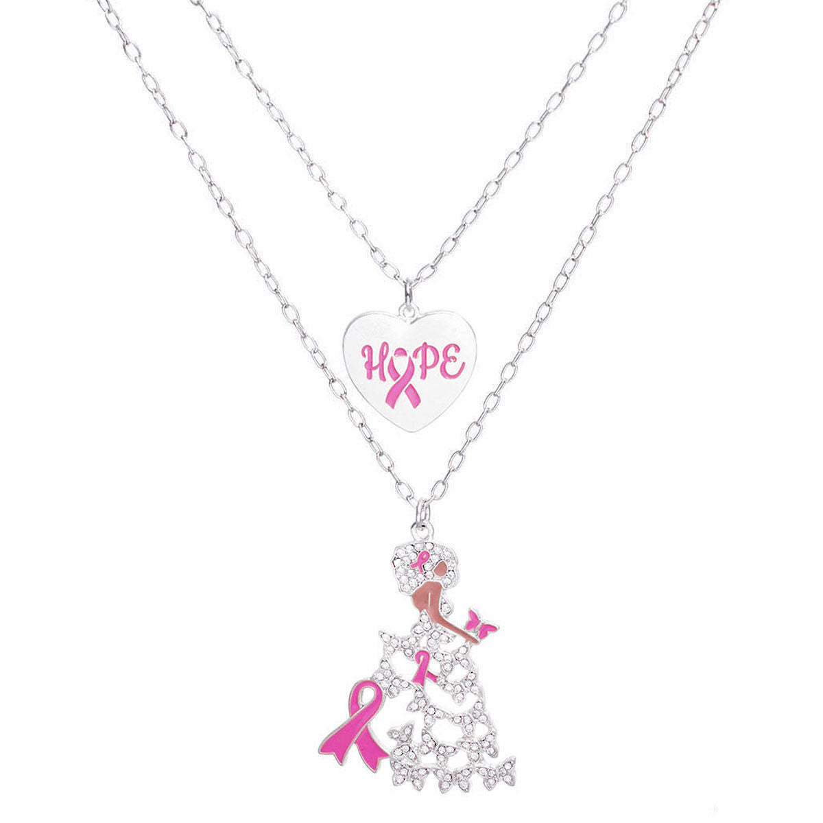 Silver 2pc pink ribbon breast cancer awareness pendant necklace layered