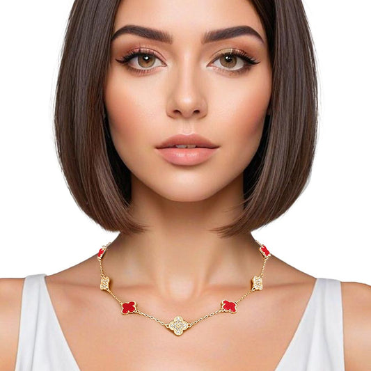 Clover Necklace Gold Red Clover Station Pendant Women