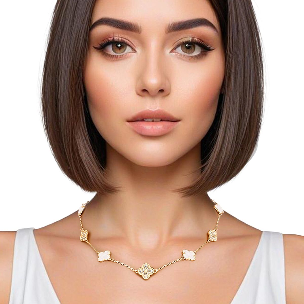 Clover Necklace Gold White Clover Station Pendant Women