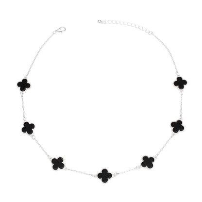Necklace Silver Black Quatrefoil Clover 7 Motifs