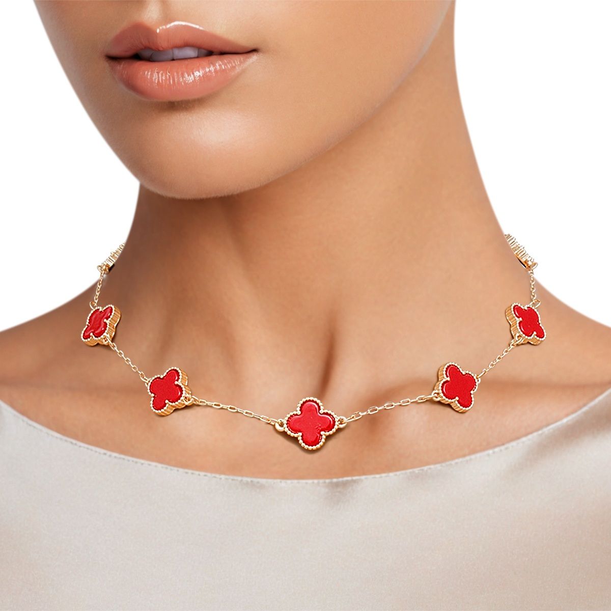 Clover Necklace Gold Red Quatrefoil Clover 7 Motifs