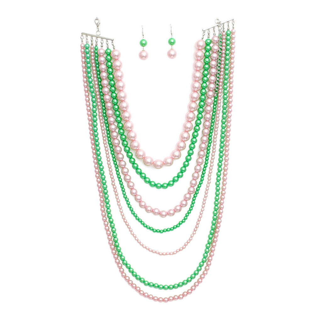 Pink green 7 row long pearl necklace strands detail close up abundant