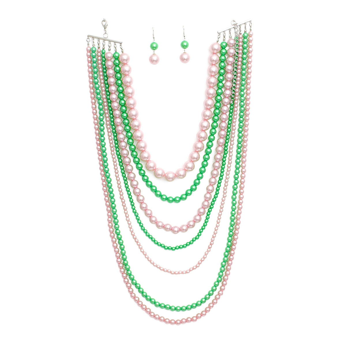 Pink green 7 row long pearl necklace strands detail close up abundant