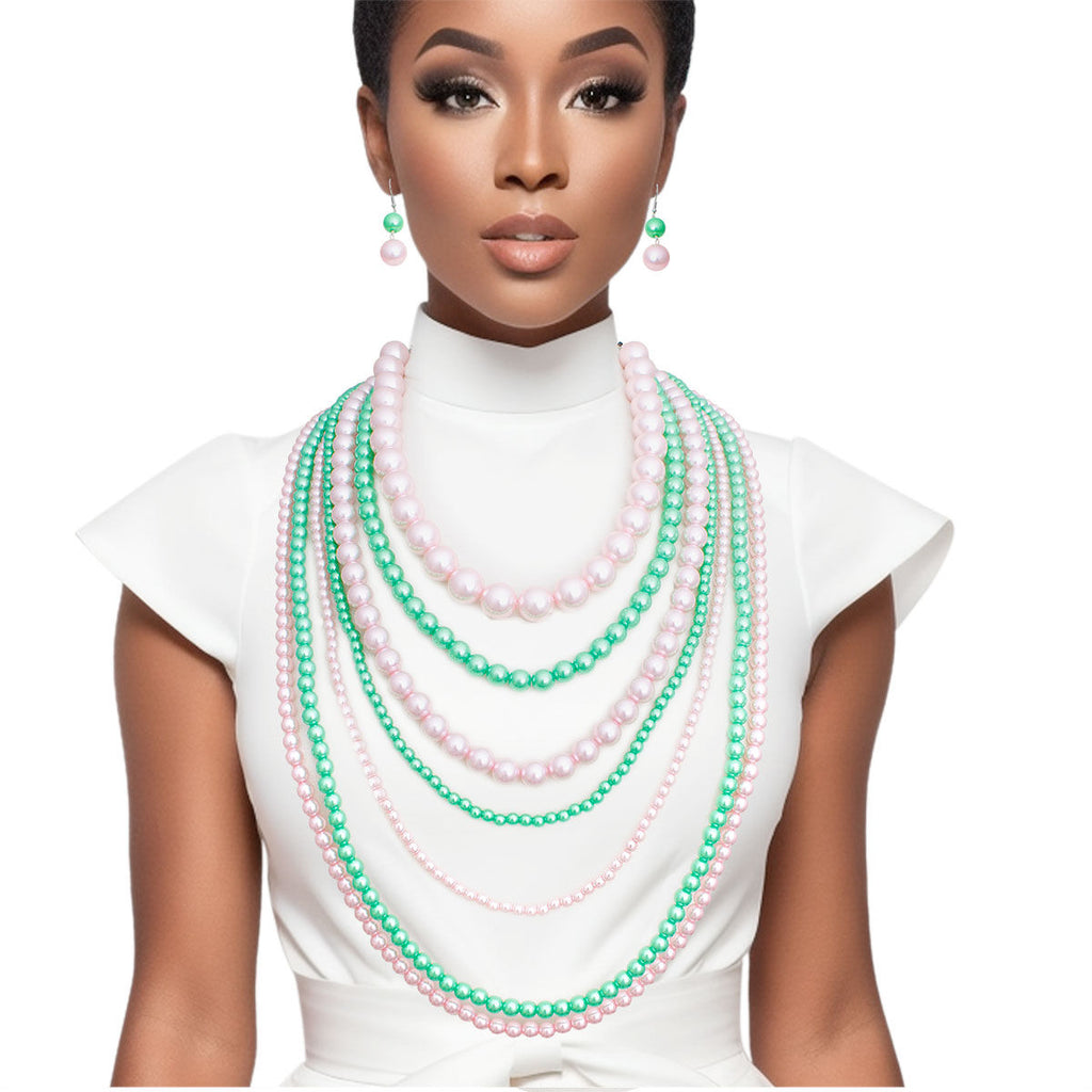 Pink green pearls long 7-row necklace multi-strand statement jewelry women