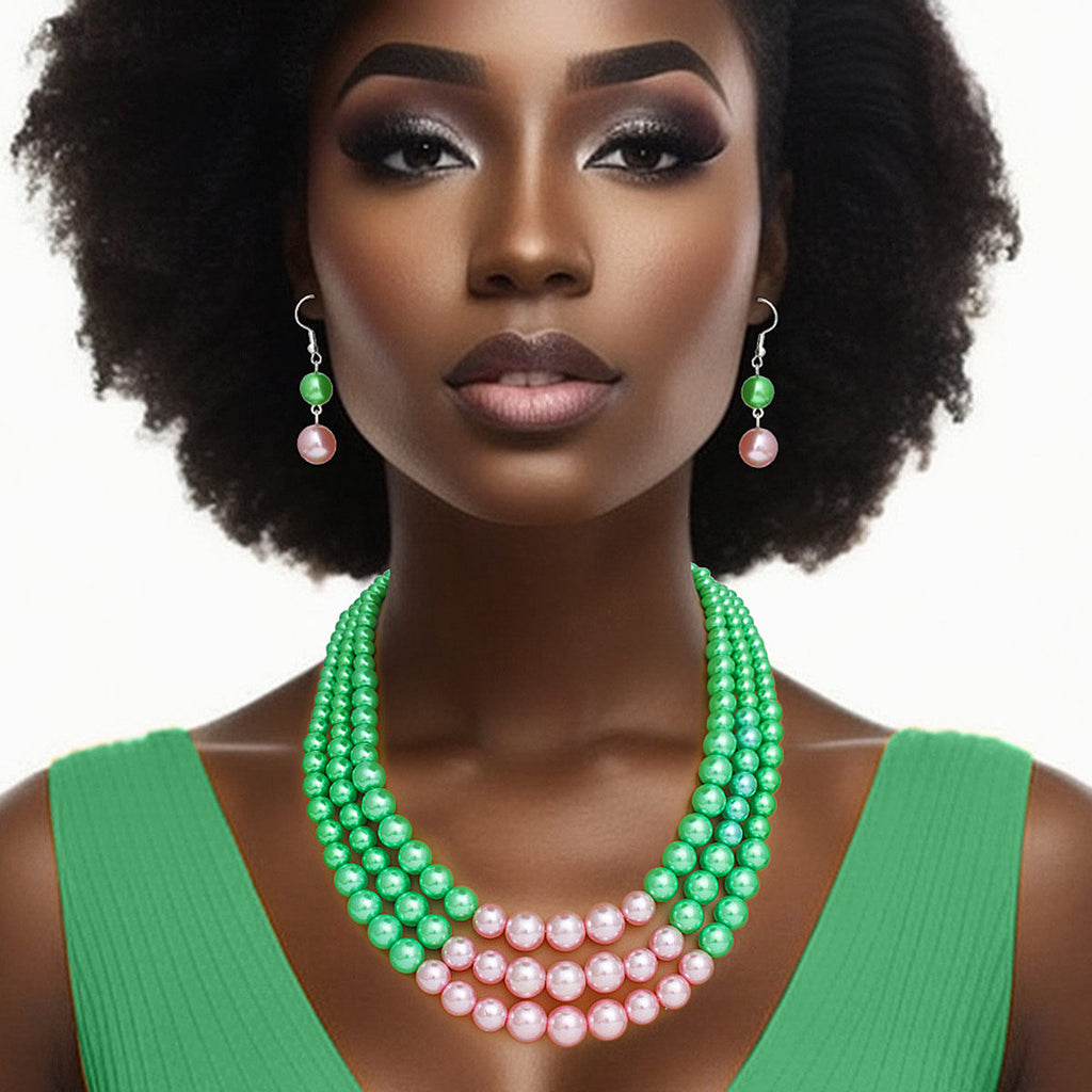 Pink green pearl 3-strand necklace set green with pink center statement jewelry women