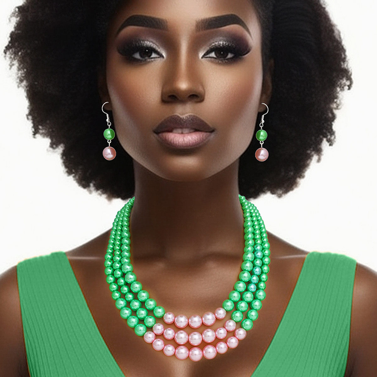 Pink green pearl 3-strand necklace set green with pink center statement jewelry women