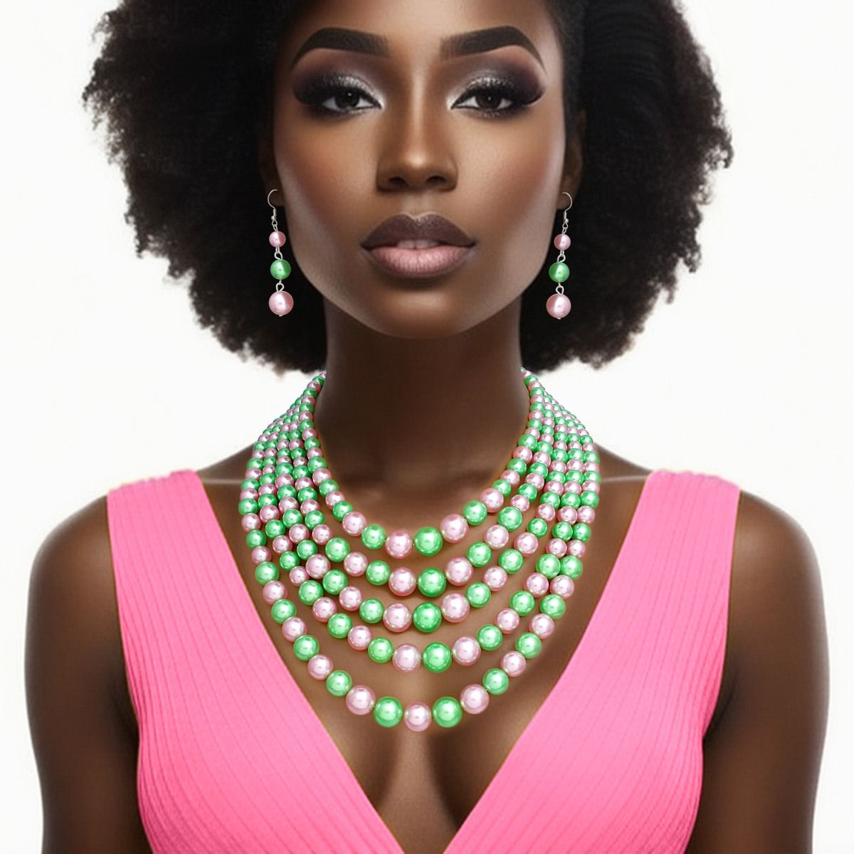 Alternating Pink Green Pearl 5 Strand Necklace