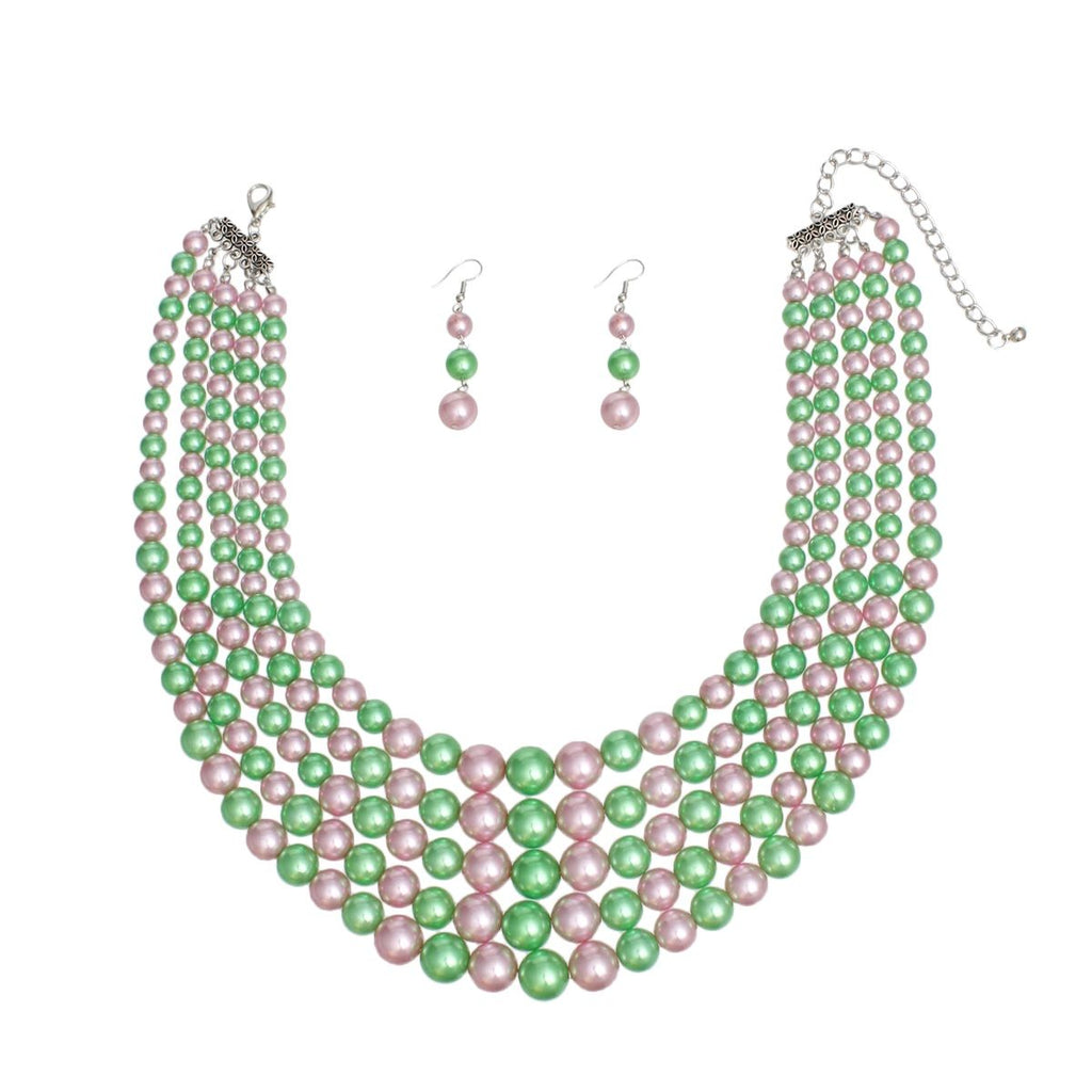 Alternating pink green pearl 5 strand necklace strands detail close up