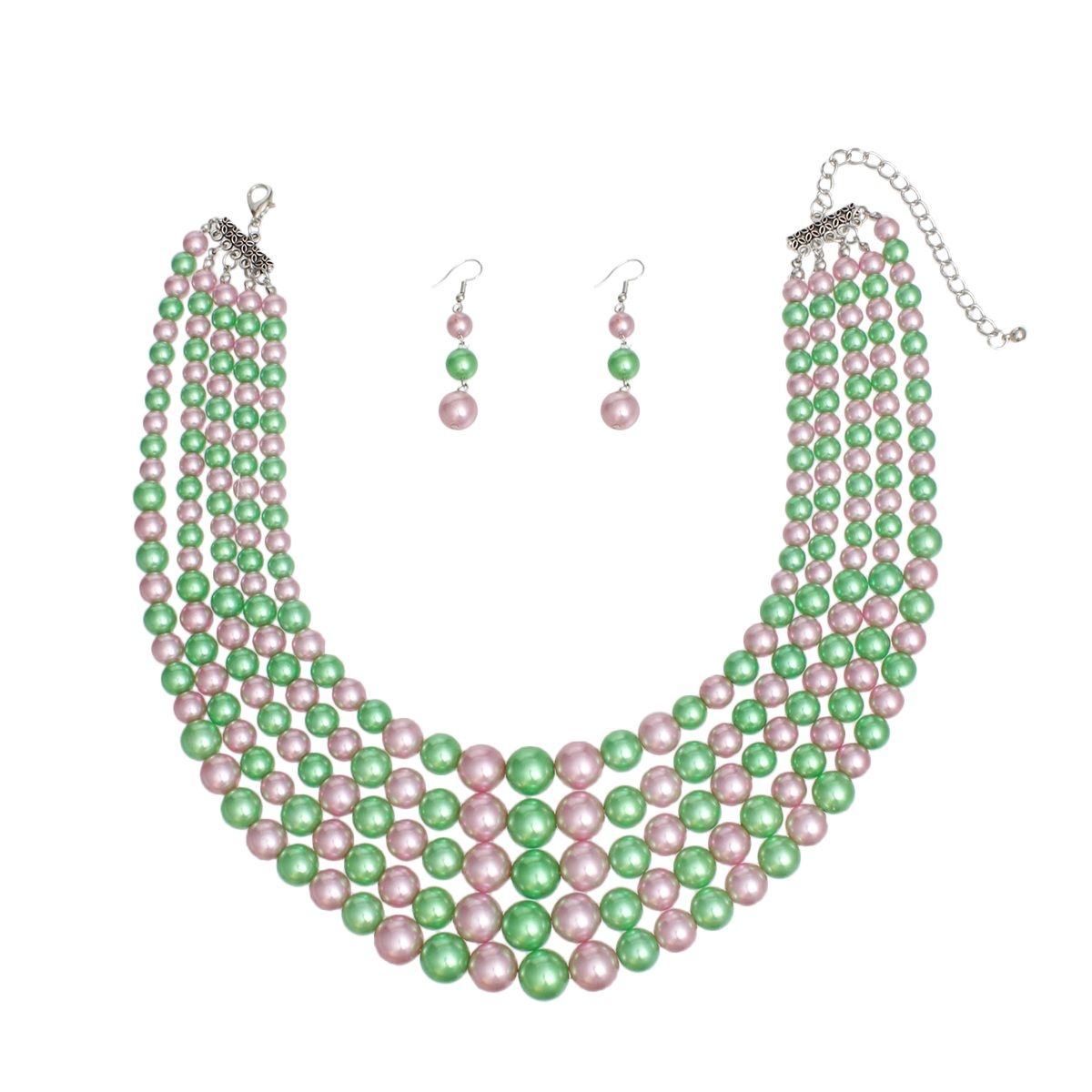 Alternating Pink Green Pearl 5 Strand Necklace