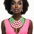 Pink green chunky pearl bib necklace set bold statement jewelry women