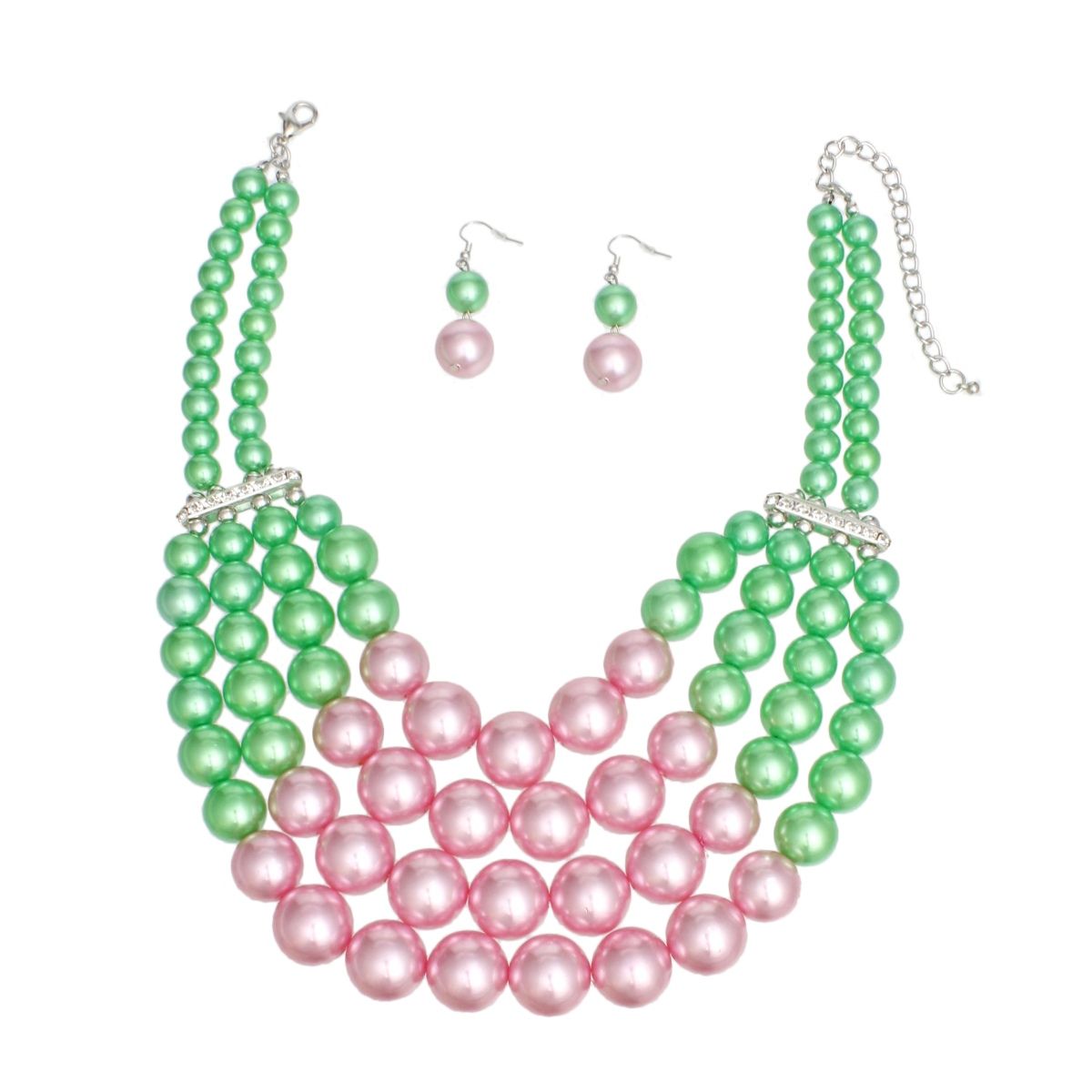 Pink green chunky pearl bib necklace pearl detail close up vibrant burst