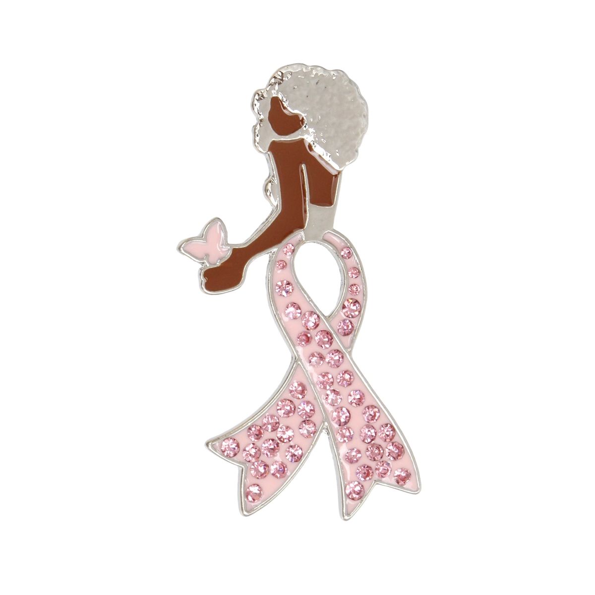 Silver light pink breast cancer awareness ribbon legs brooch pin detail