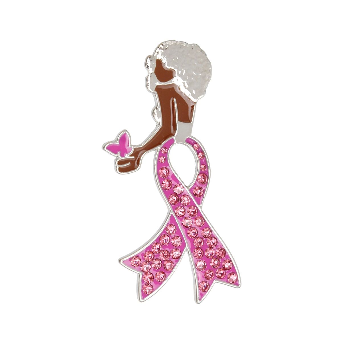 Silver bold fuchsia pink breast cancer ribbon legs brooch pin close up