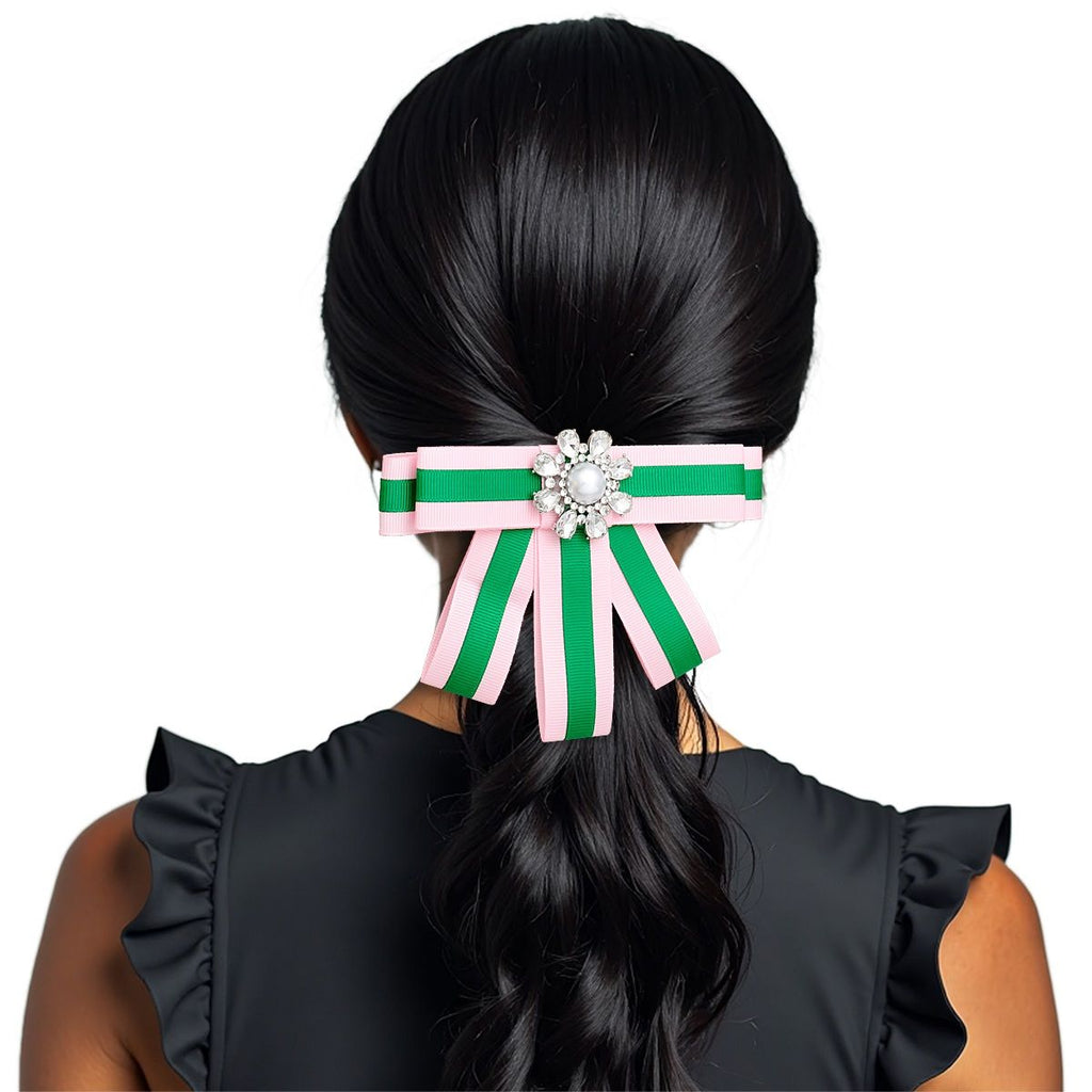 Pink green bow tie brooch crystal ribbon detail close up view