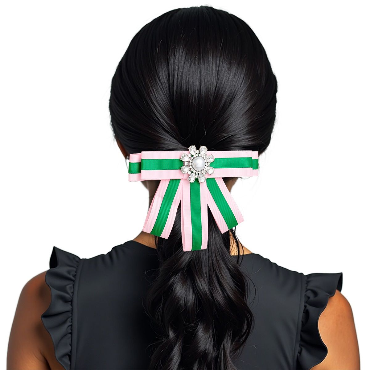 Pink green bow tie brooch crystal ribbon detail close up view