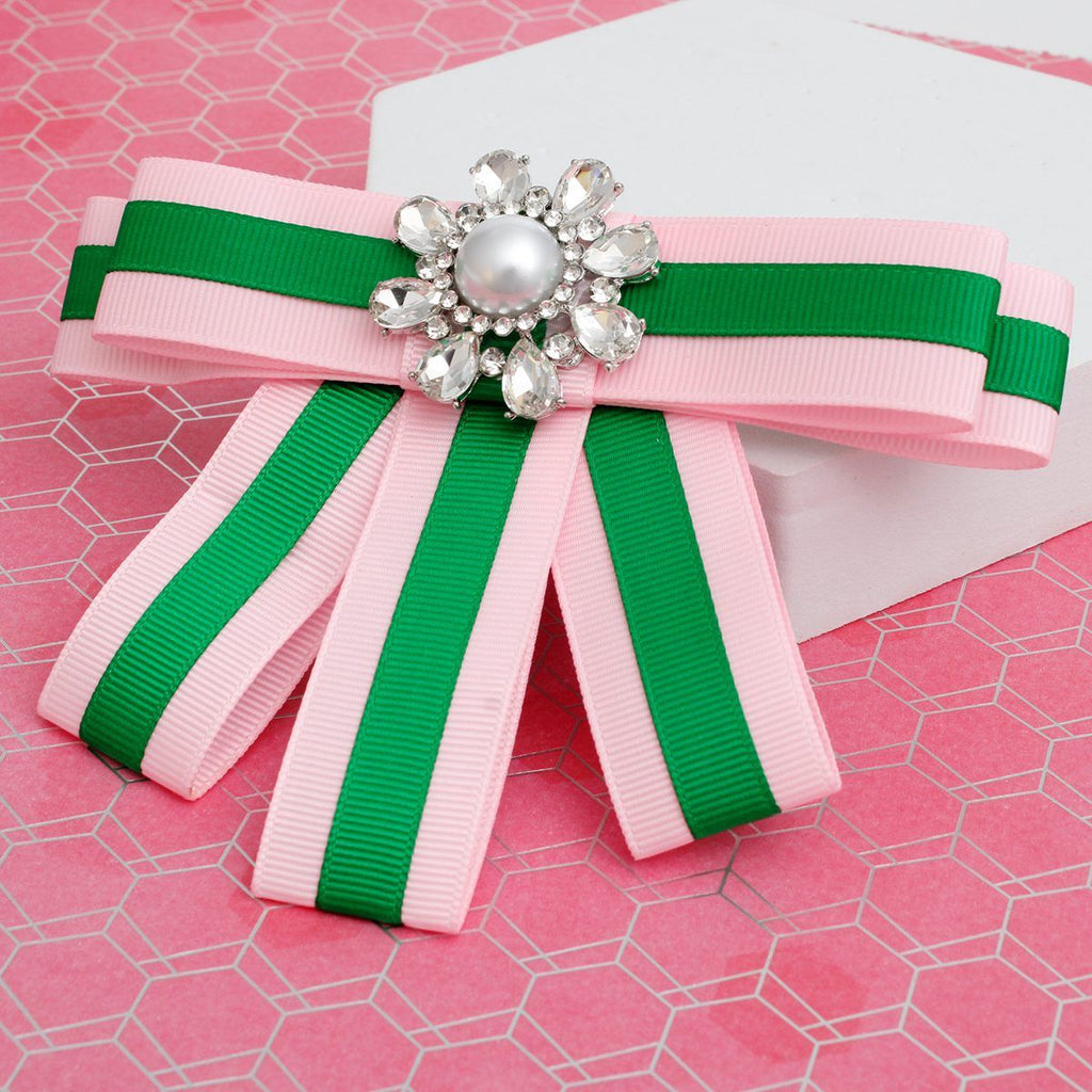 Pink green bow tie brooch front view formal crystal statement worn on lapel
